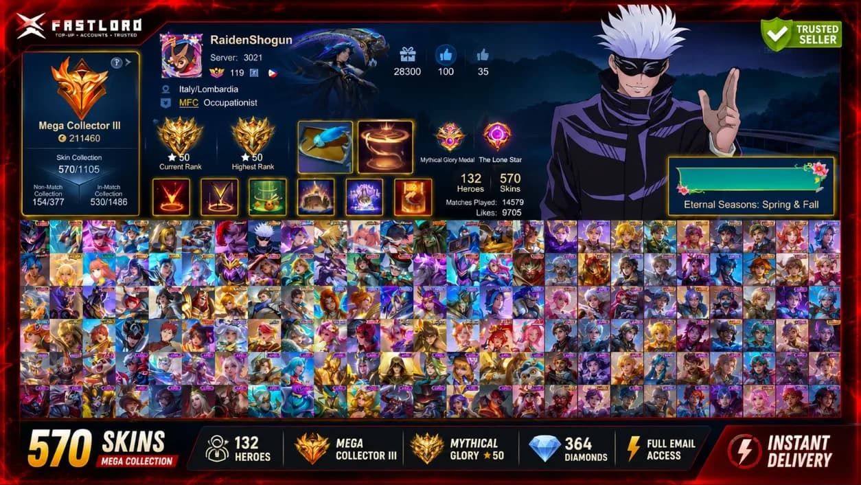 570 Skins | Mega Collector III | Gojo + KOF | Mythical Glory | Instant Delivery 🇮🇳