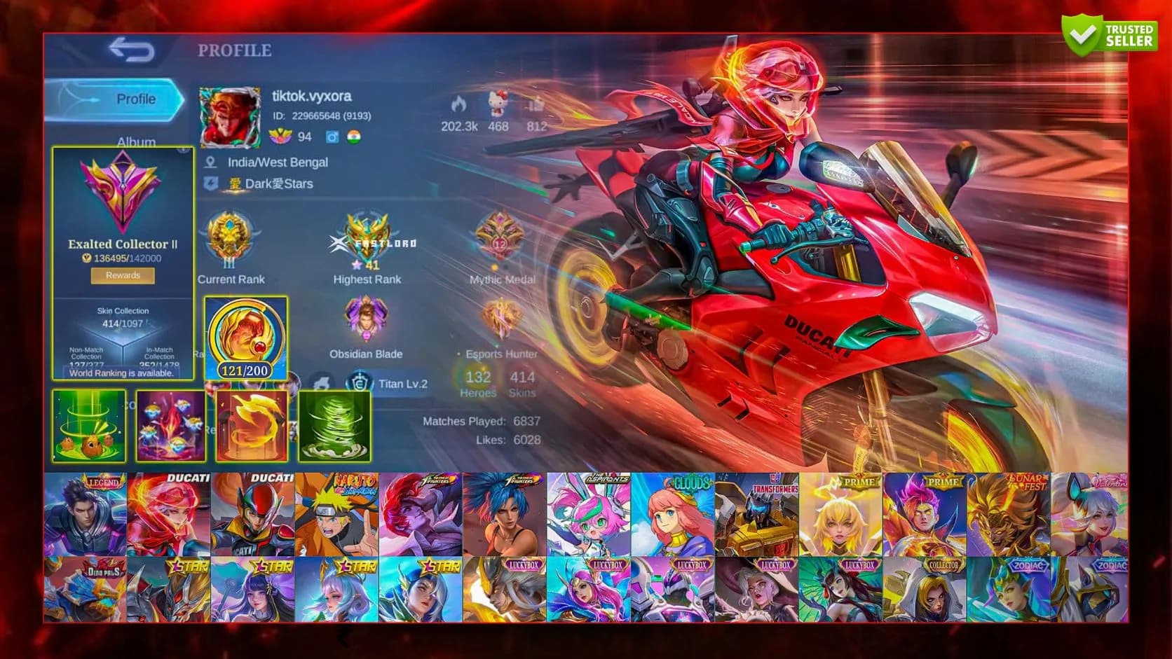 Premium MLBB Account – 414 Skins | Exalted Collector II | Naruto • KOF • Ducati • Aspirants